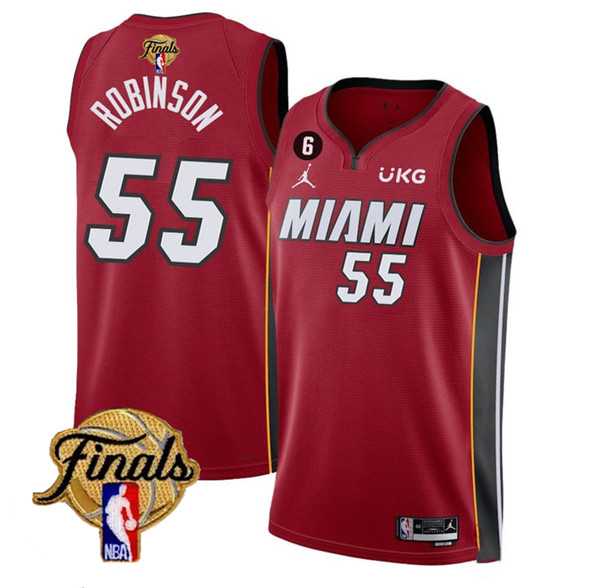 Mens Miami Heat #55 Duncan Robinson Red 2023 Finals Statement Edition With NO.6 Patch Stitched Basketball Jersey Dzhi